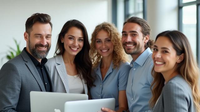 Diverse team collaborating happily in a modern, light-filled office space